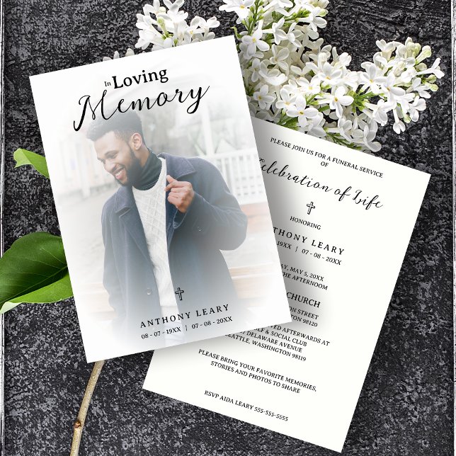 Minimalist White Transparent Overlay Photo Funeral Invitation (Minimalist White Transparency Overlay Photo Funeral Card with Envelope. Downloadable. )