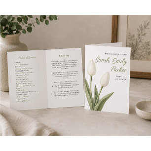 Minimalist White Tulips Funeral Program 4-Page Card