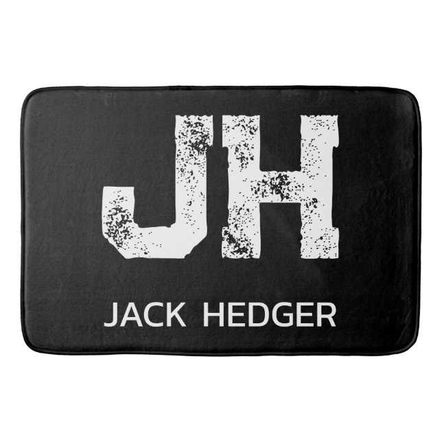 MINIMALIST WHITE TWO LETTER MONOGRAM NAME BLACK  BATH MAT (Front)