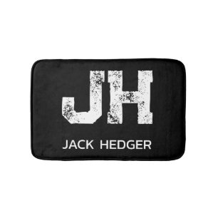 MINIMALIST WHITE TWO LETTER MONOGRAM NAME BLACK BATH MAT