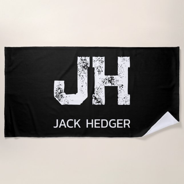 MINIMALIST WHITE TWO LETTER MONOGRAM NAME BLACK BEACH TOWEL (Front)