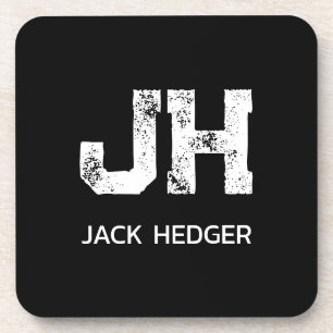 MINIMALIST WHITE TWO LETTER MONOGRAM NAME BLACK COASTER