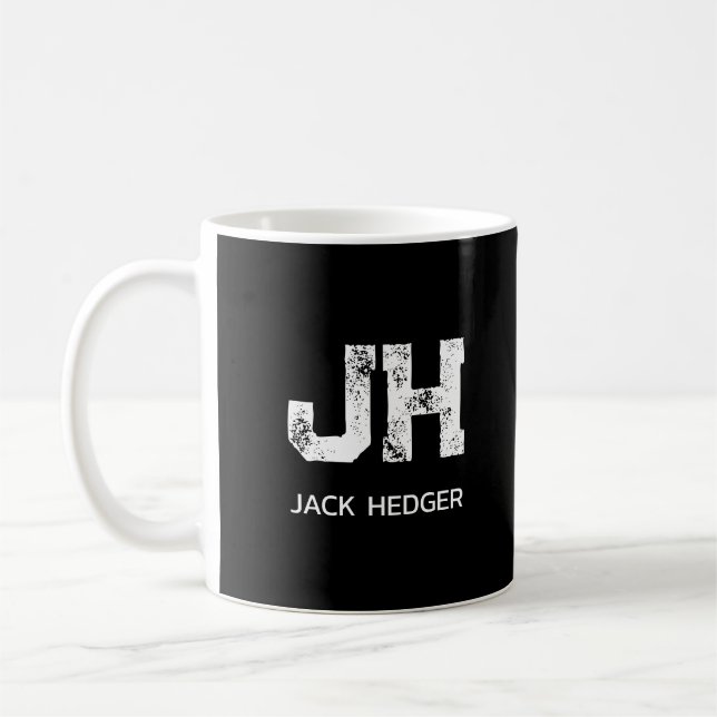 MINIMALIST WHITE TWO LETTER MONOGRAM NAME BLACK COFFEE MUG (Left)