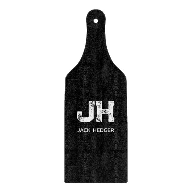 MINIMALIST WHITE TWO LETTER MONOGRAM NAME BLACK CUTTING BOARD (Front)
