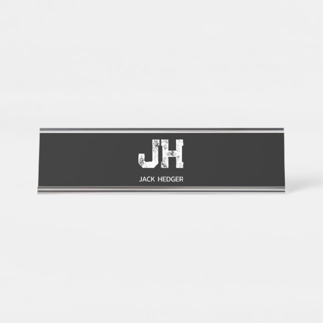 MINIMALIST WHITE TWO LETTER MONOGRAM NAME BLACK  DESK NAME PLATE (Front)