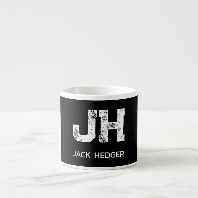 MINIMALIST WHITE TWO LETTER MONOGRAM NAME BLACK ESPRESSO CUP (Front)