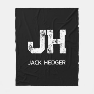 MINIMALIST WHITE TWO LETTER MONOGRAM NAME BLACK FLEECE BLANKET