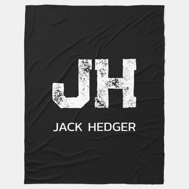 MINIMALIST WHITE TWO LETTER MONOGRAM NAME BLACK FLEECE BLANKET (Front)