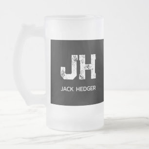 MINIMALIST WHITE TWO LETTER MONOGRAM NAME BLACK FROSTED GLASS BEER MUG
