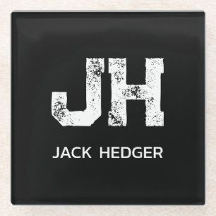 MINIMALIST WHITE TWO LETTER MONOGRAM NAME BLACK GLASS COASTER