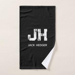 MINIMALIST WHITE TWO LETTER MONOGRAM NAME BLACK HAND TOWEL