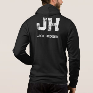 MINIMALIST WHITE TWO LETTER MONOGRAM NAME BLACK HOODIE