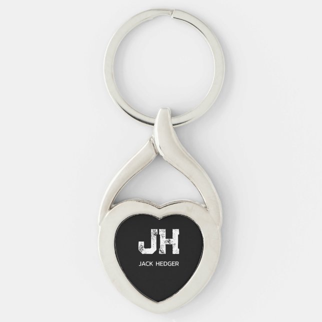 MINIMALIST WHITE TWO LETTER MONOGRAM NAME BLACK KEY RING (Front)