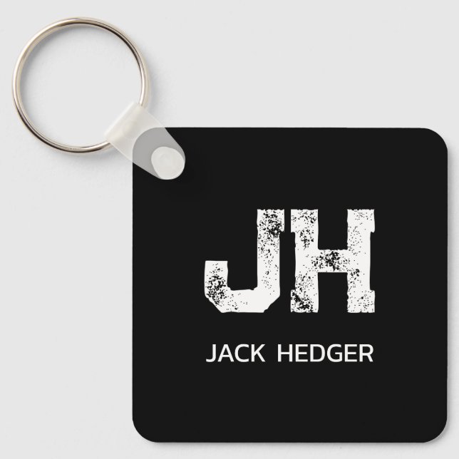 MINIMALIST WHITE TWO LETTER MONOGRAM NAME BLACK  KEY RING (Front)