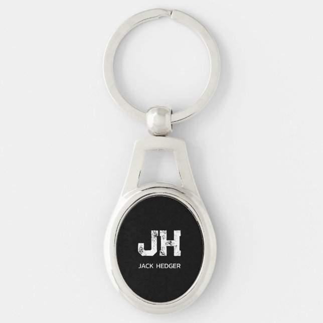 MINIMALIST WHITE TWO LETTER MONOGRAM NAME BLACK KEY RING (Front)