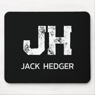 MINIMALIST WHITE TWO LETTER MONOGRAM NAME BLACK MOUSE MAT