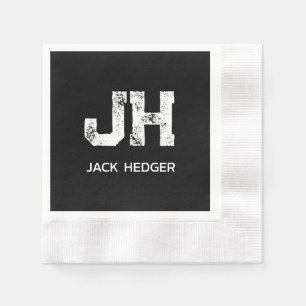 MINIMALIST WHITE TWO LETTER MONOGRAM NAME BLACK NAPKIN