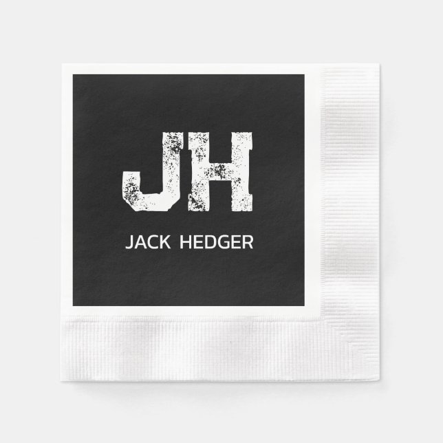 MINIMALIST WHITE TWO LETTER MONOGRAM NAME BLACK NAPKIN (Front)