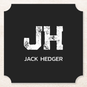 MINIMALIST WHITE TWO LETTER MONOGRAM NAME BLACK PAPER COASTER
