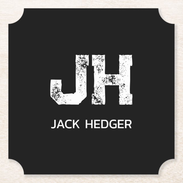 MINIMALIST WHITE TWO LETTER MONOGRAM NAME BLACK PAPER COASTER (Front)