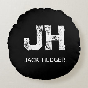 MINIMALIST WHITE TWO LETTER MONOGRAM NAME BLACK  ROUND CUSHION