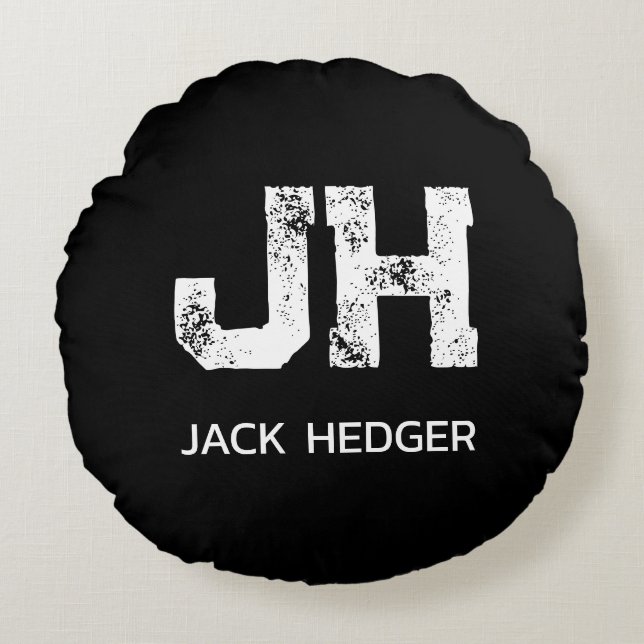MINIMALIST WHITE TWO LETTER MONOGRAM NAME BLACK  ROUND CUSHION (Front)