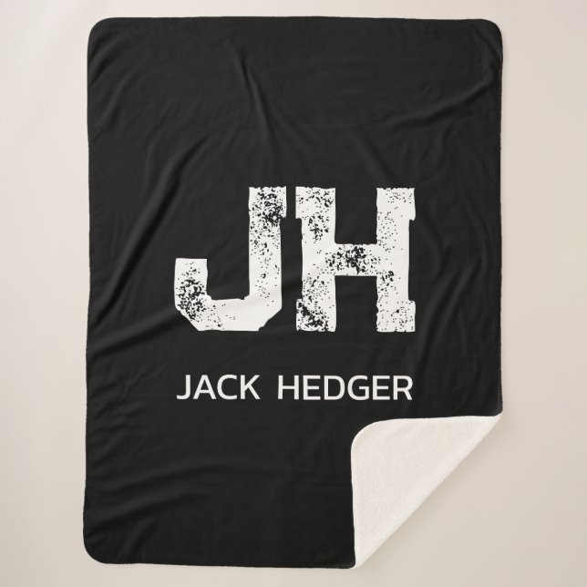 MINIMALIST WHITE TWO LETTER MONOGRAM NAME BLACK  SHERPA BLANKET (Front)