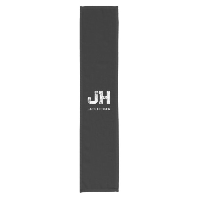 MINIMALIST WHITE TWO LETTER MONOGRAM NAME BLACK  SHORT TABLE RUNNER (Front)