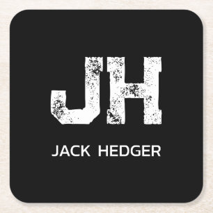 MINIMALIST WHITE TWO LETTER MONOGRAM NAME BLACK SQUARE PAPER COASTER