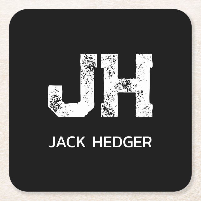 MINIMALIST WHITE TWO LETTER MONOGRAM NAME BLACK SQUARE PAPER COASTER (Front)