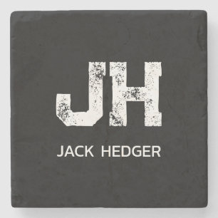 MINIMALIST WHITE TWO LETTER MONOGRAM NAME BLACK STONE COASTER