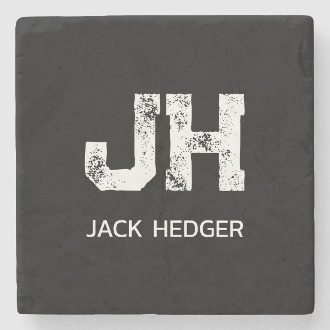 MINIMALIST WHITE TWO LETTER MONOGRAM NAME BLACK STONE COASTER (Front)