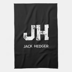 MINIMALIST WHITE TWO LETTER MONOGRAM NAME BLACK TEA TOWEL