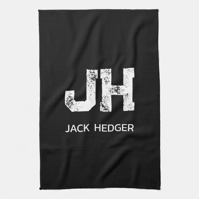 MINIMALIST WHITE TWO LETTER MONOGRAM NAME BLACK  TEA TOWEL (Vertical)