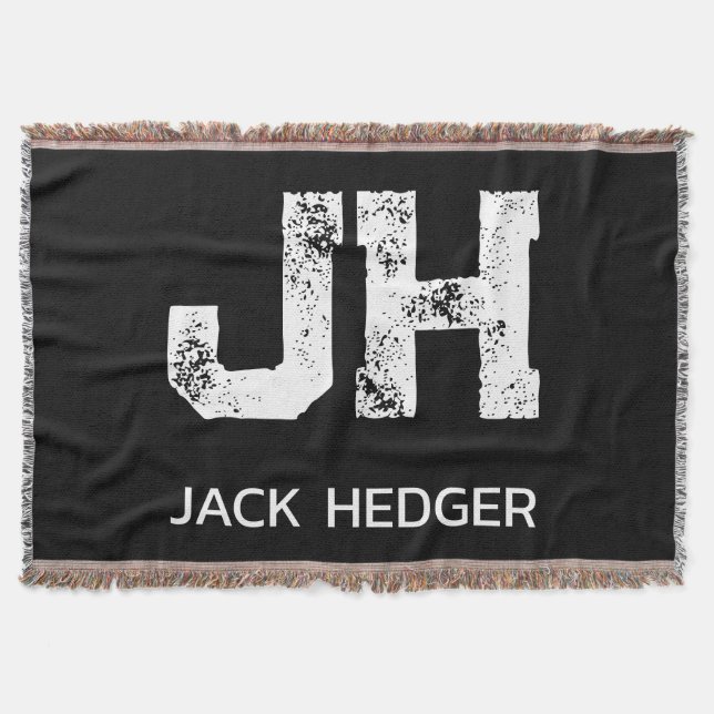 MINIMALIST WHITE TWO LETTER MONOGRAM NAME BLACK THROW BLANKET (Front)
