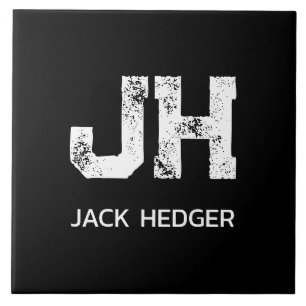MINIMALIST WHITE TWO LETTER MONOGRAM NAME BLACK TILE