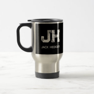 MINIMALIST WHITE TWO LETTER MONOGRAM NAME BLACK TRAVEL MUG