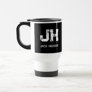 MINIMALIST WHITE TWO LETTER MONOGRAM NAME BLACK TRAVEL MUG