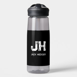 MINIMALIST WHITE TWO LETTER MONOGRAM NAME BLACK WATER BOTTLE