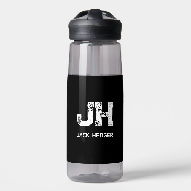 MINIMALIST WHITE TWO LETTER MONOGRAM NAME BLACK WATER BOTTLE (Front)