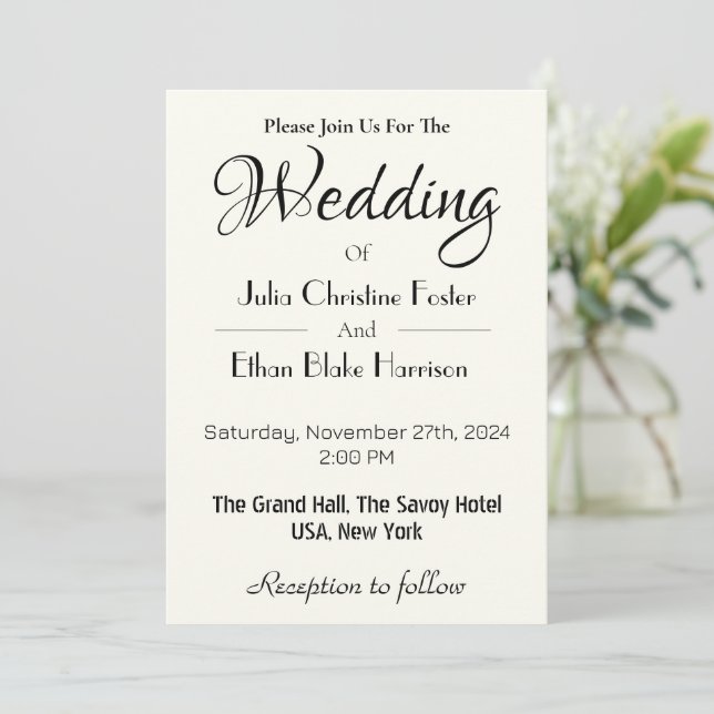 Minimalist White Wedding Invitation and Black Text (Standing Front)