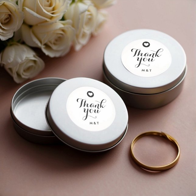 Minimalist White Wedding Script Thank You Monogram Classic Round Sticker (Stickers on Favor Box Tins)