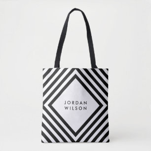 Minimalist White with Black Square Lines Geometric Tote Bag