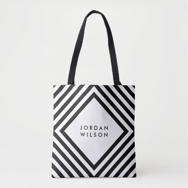 Minimalist White with Black Square Lines Geometric Tote Bag (Front)