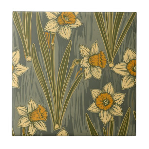 Minimalist White Yellow Daffodil Floral Pattern Tile