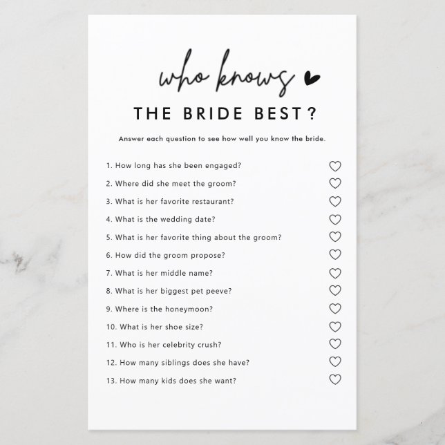 Minimalist Who Knows The Bride Best Bridal Game (Front)