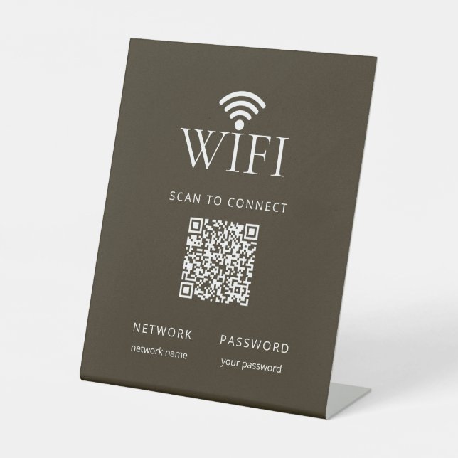 Minimalist WiFi Network Password QR Code Brown Pedestal Sign (Front)