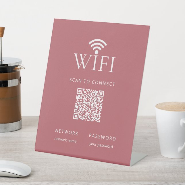 Minimalist WiFi Password QR Code Dusty Pink Pedestal Sign (In SItu)