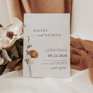 Minimalist Wildflower Black   White Wedding Invitation