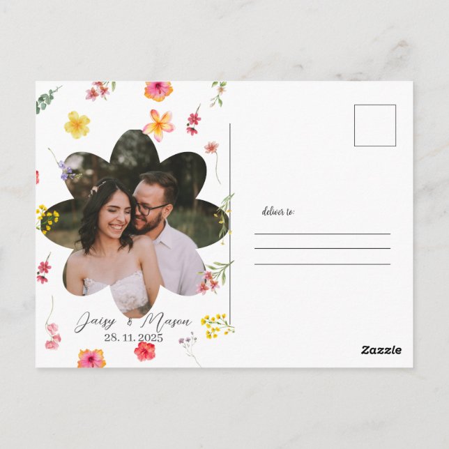 Minimalist Wildflower Botanical with photo Wedding Postcard (Back)